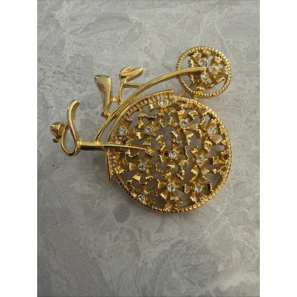 Rhinestone Gold Color Bicycle Brooch